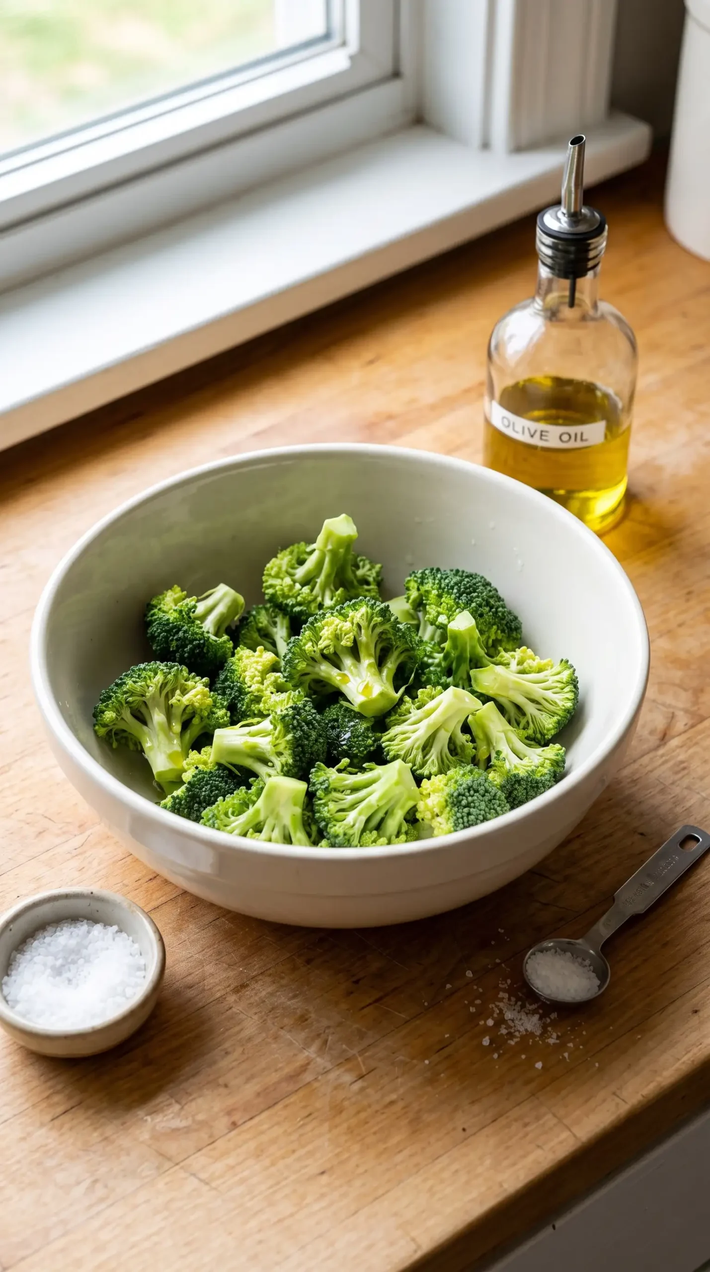 Fresh broccoli florets in a bowl ready for air frying with oil and salt coating