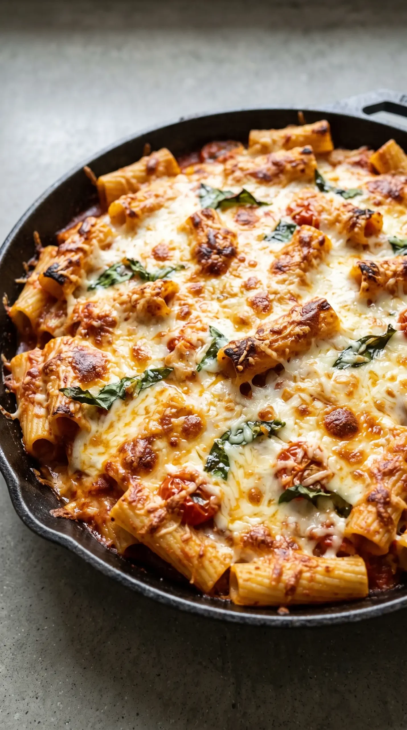 Broiled baked rigatoni with melted and lightly browned cheese topping