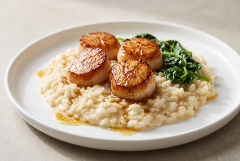 Brown butter scallops with creamy Parmesan risotto and wilted greens on a white plate