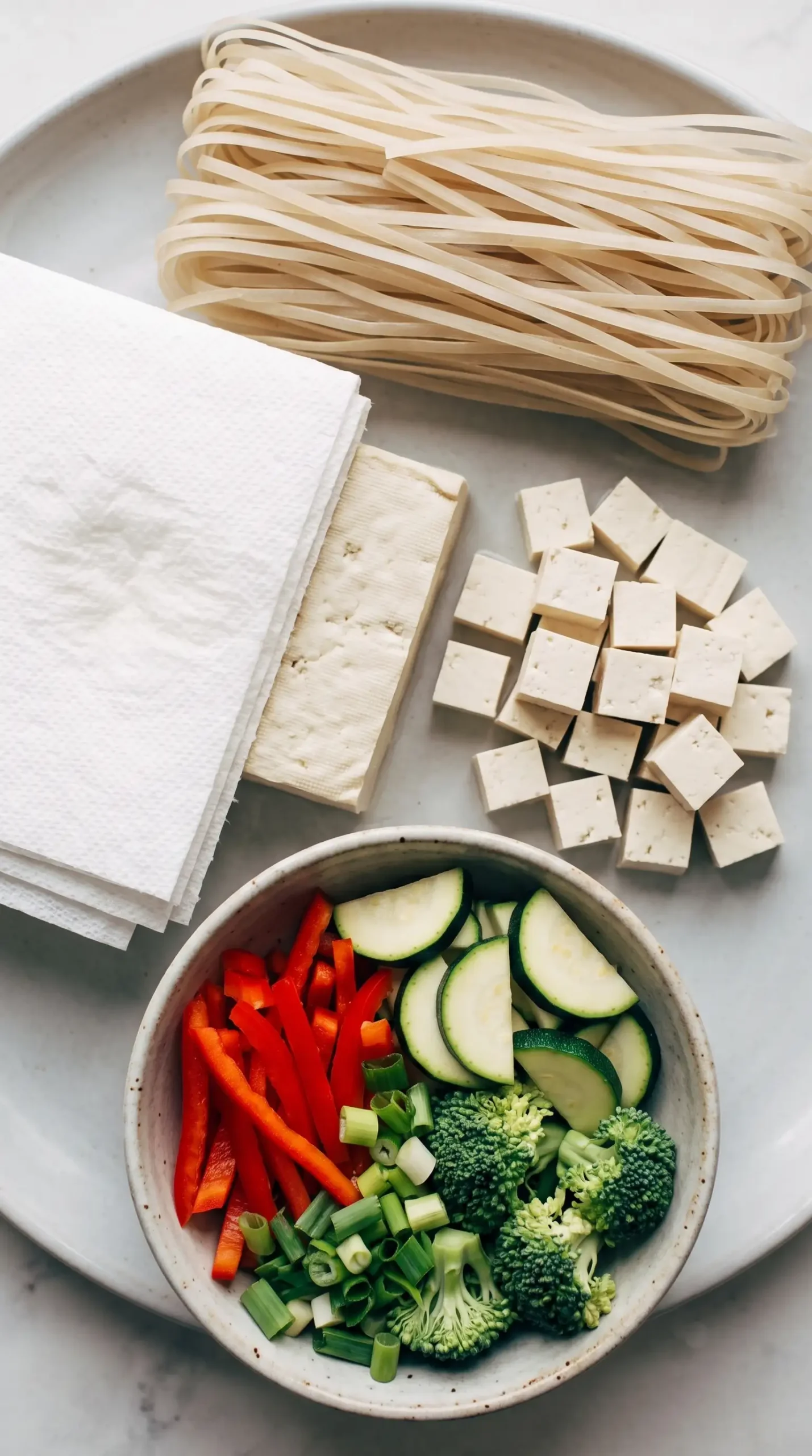Brown rice noodles, pressed tofu cubes, and chopped vegetables prepared for stir fry