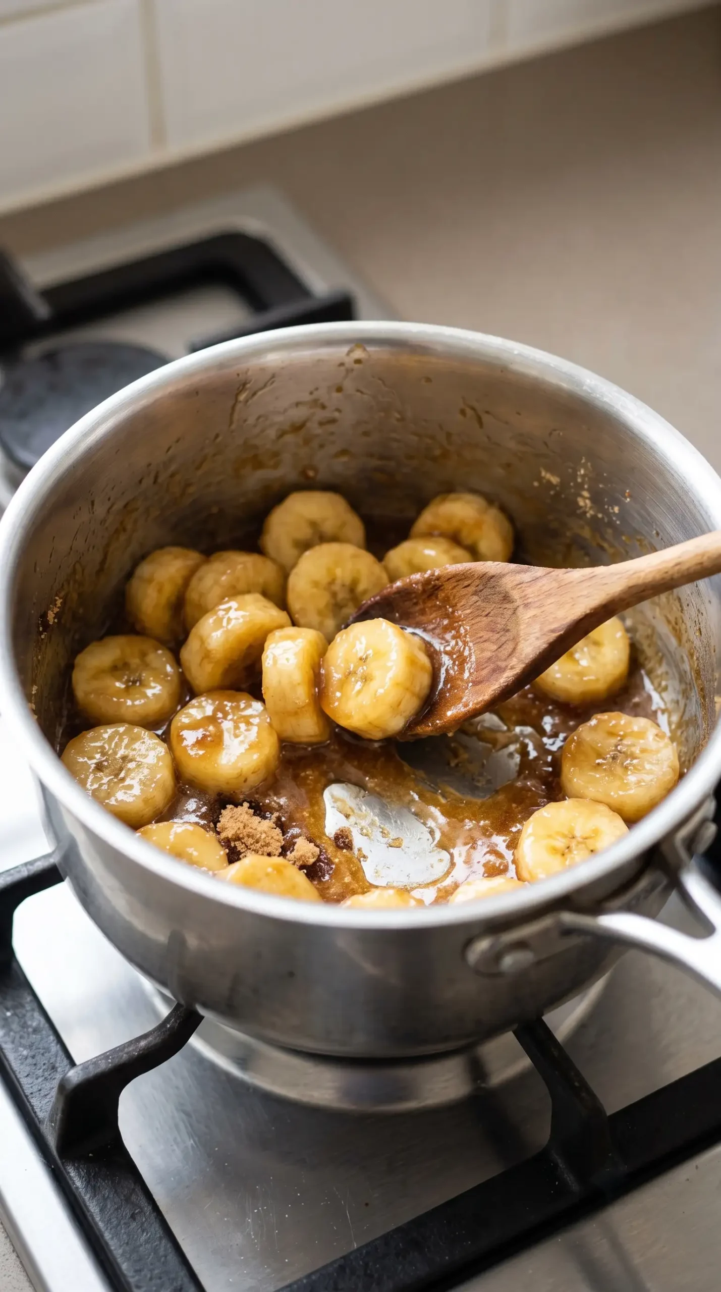Banana slices cooking with butter and brown sugar to create a caramelized oatmeal topping