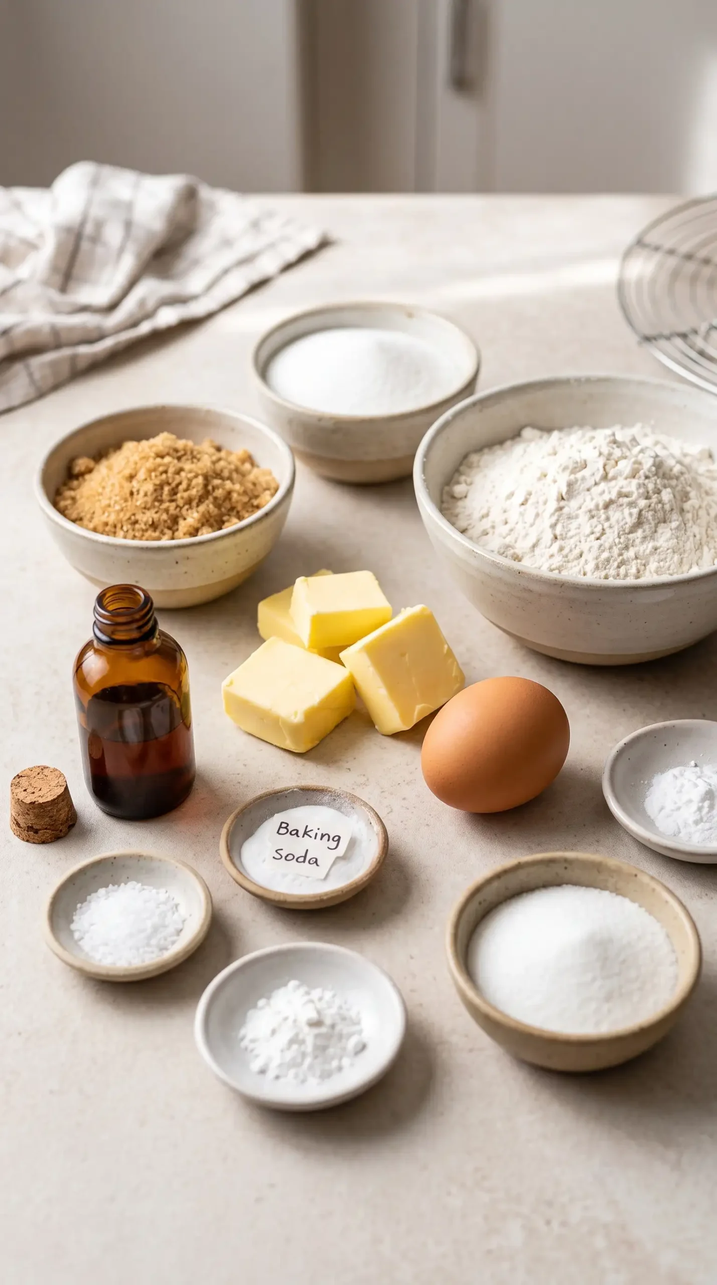 Baking ingredients for brown sugar cookies including sugars, butter, egg, flour, and baking supplies