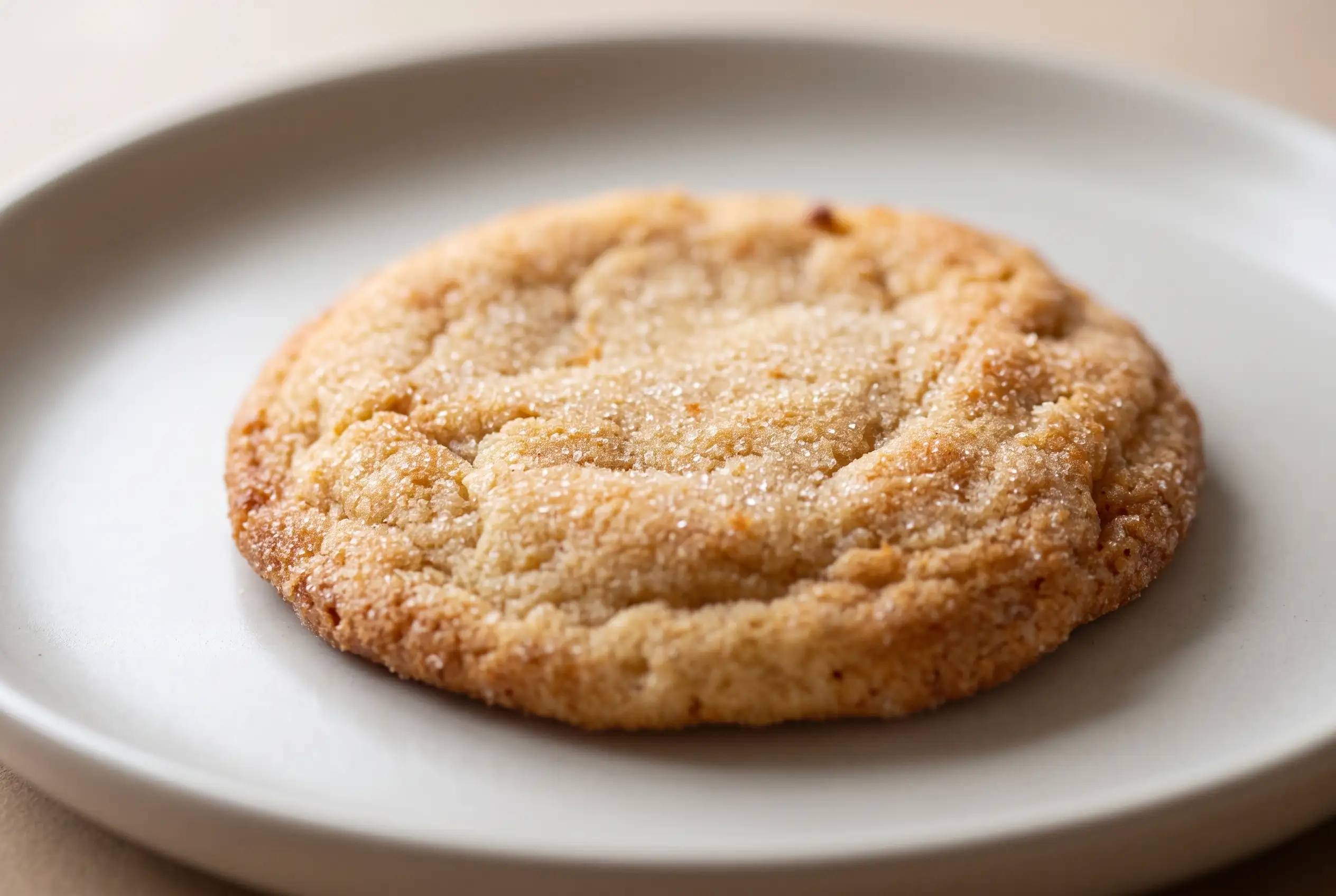 Brown sugar cookie with a white sugar coating and golden baked edges on a ceramic plate