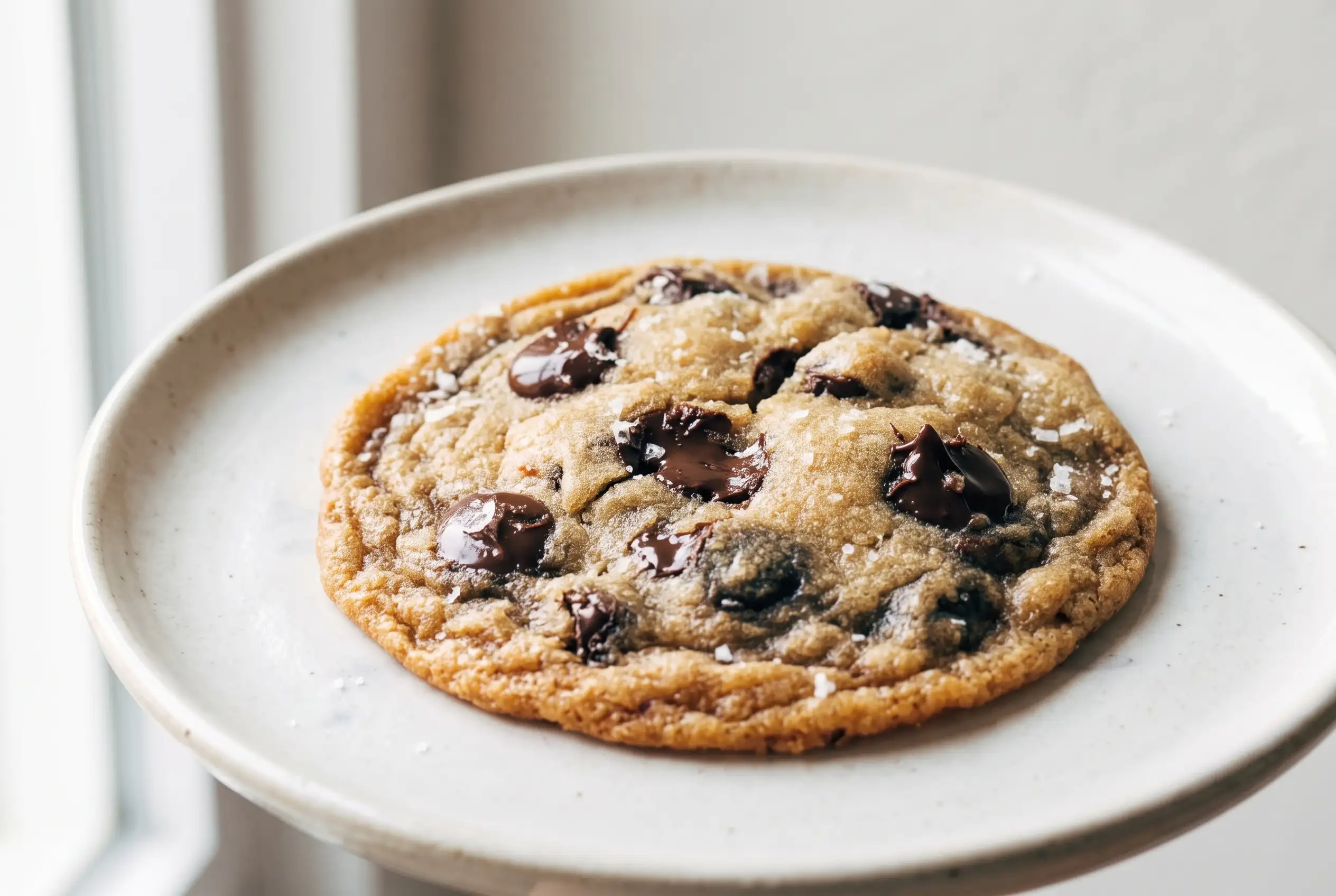 Browned butter cookie with chocolate chips showing crisp edges and a soft center