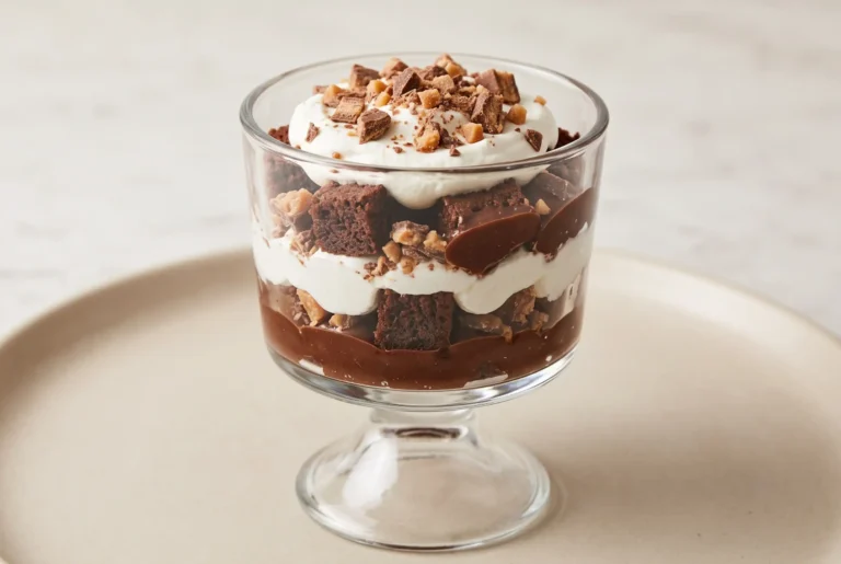 Brownie fudge trifle with chocolate pudding, brownie cubes, whipped cream, and candy layers in a glass dish