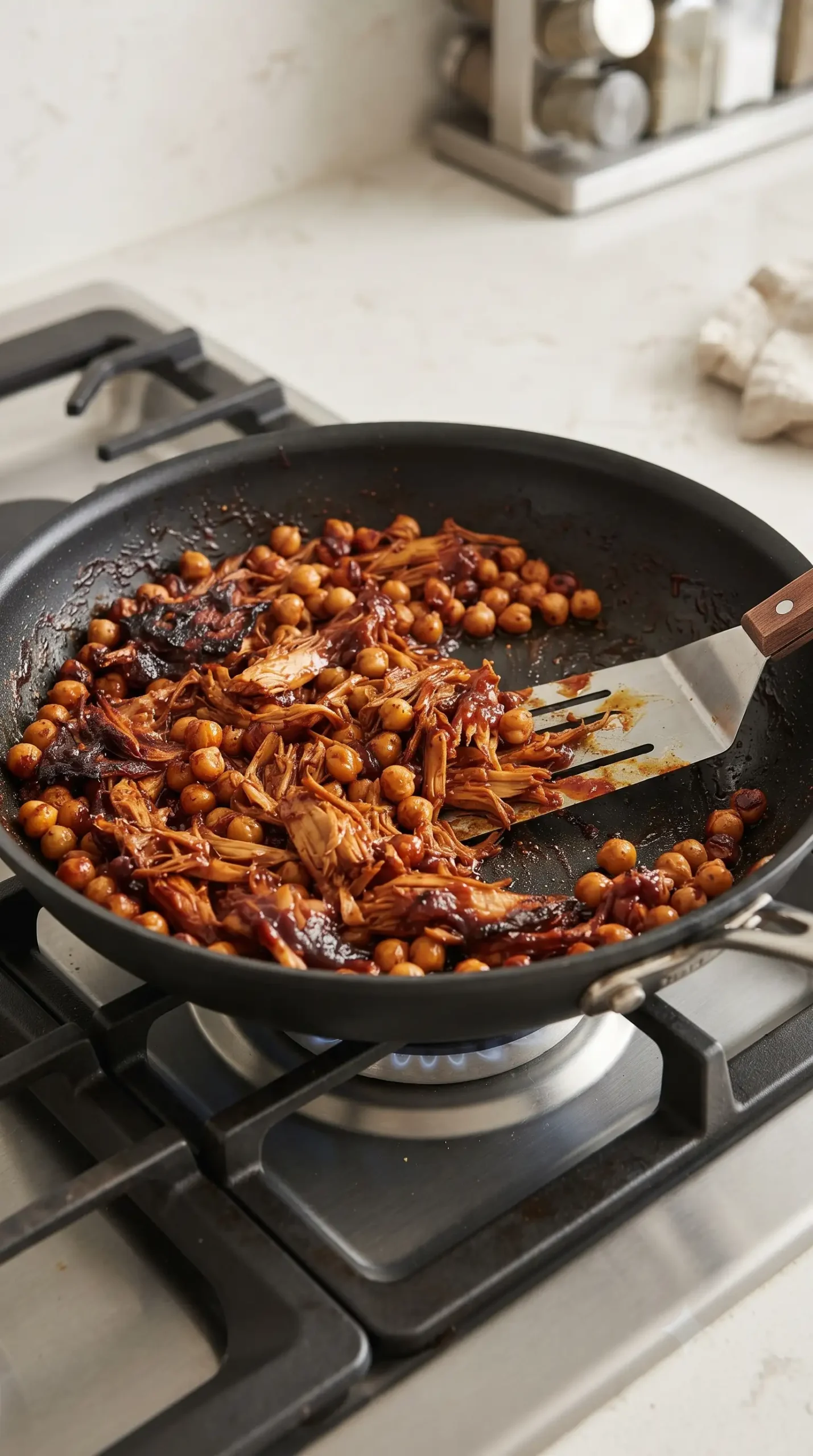 Jackfruit and chickpea barbecue filling browning in a skillet