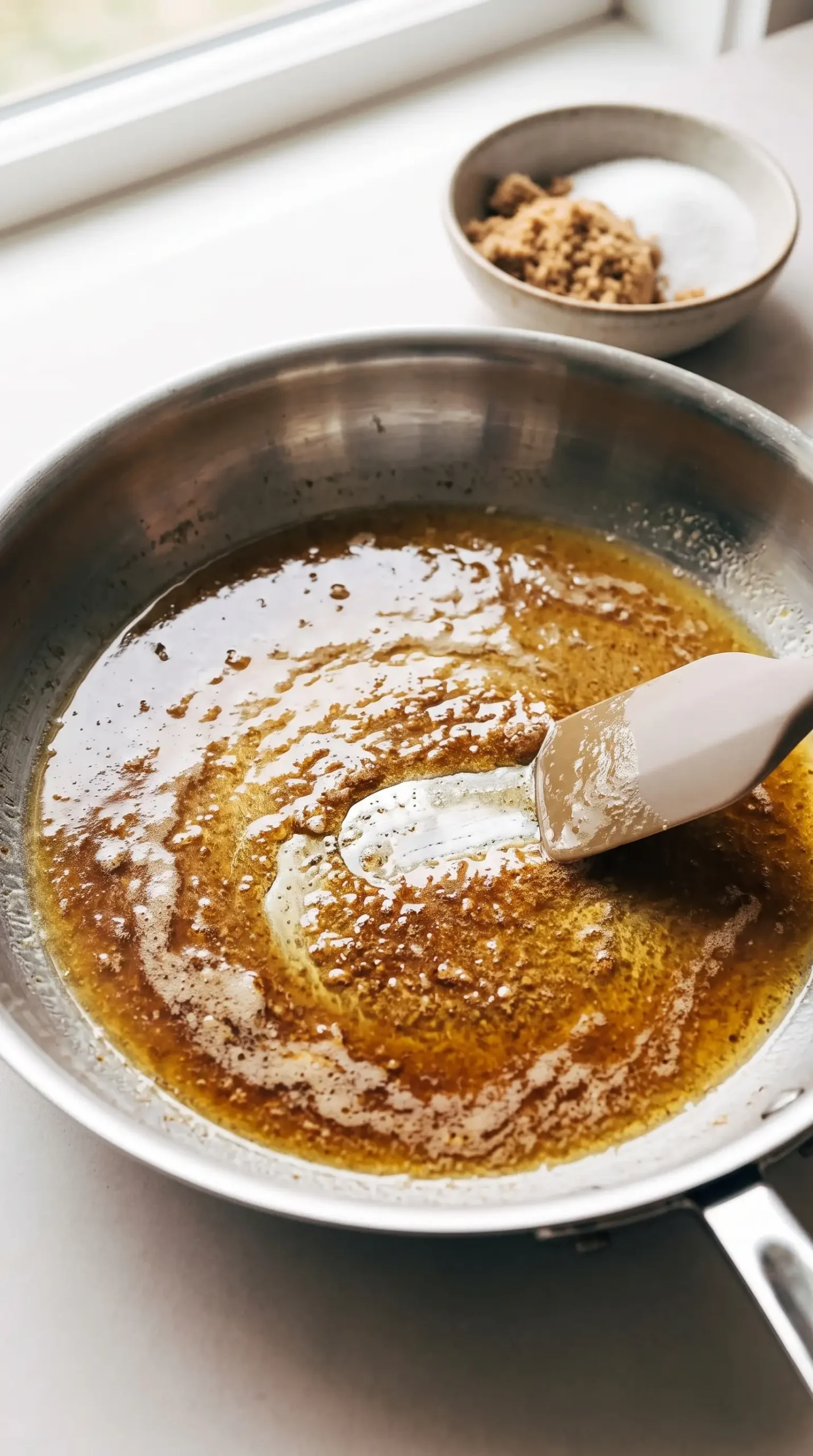 Golden brown butter melting in a skillet with toasted milk solids