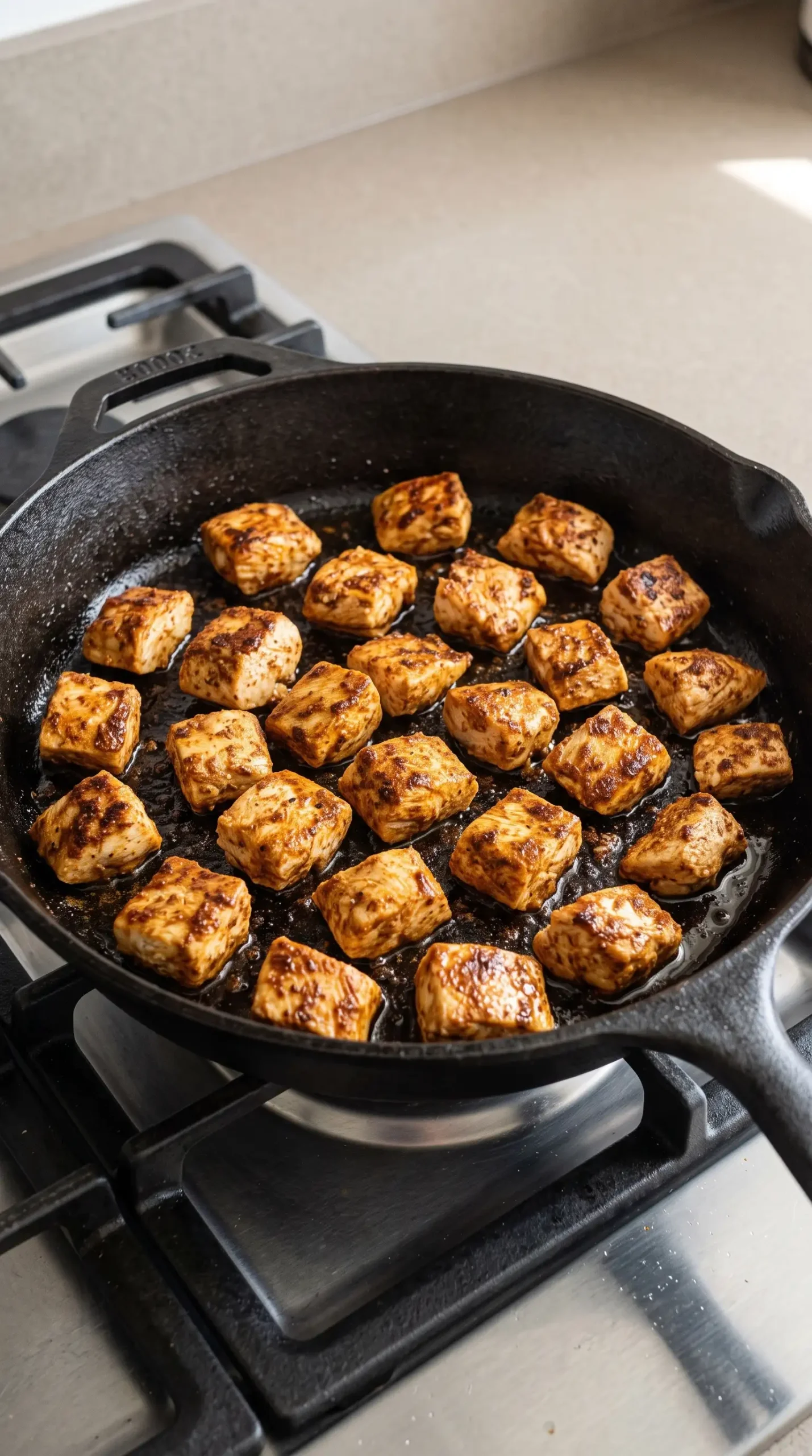 Seasoned chicken pieces browning in a skillet for ancho chicken tacos