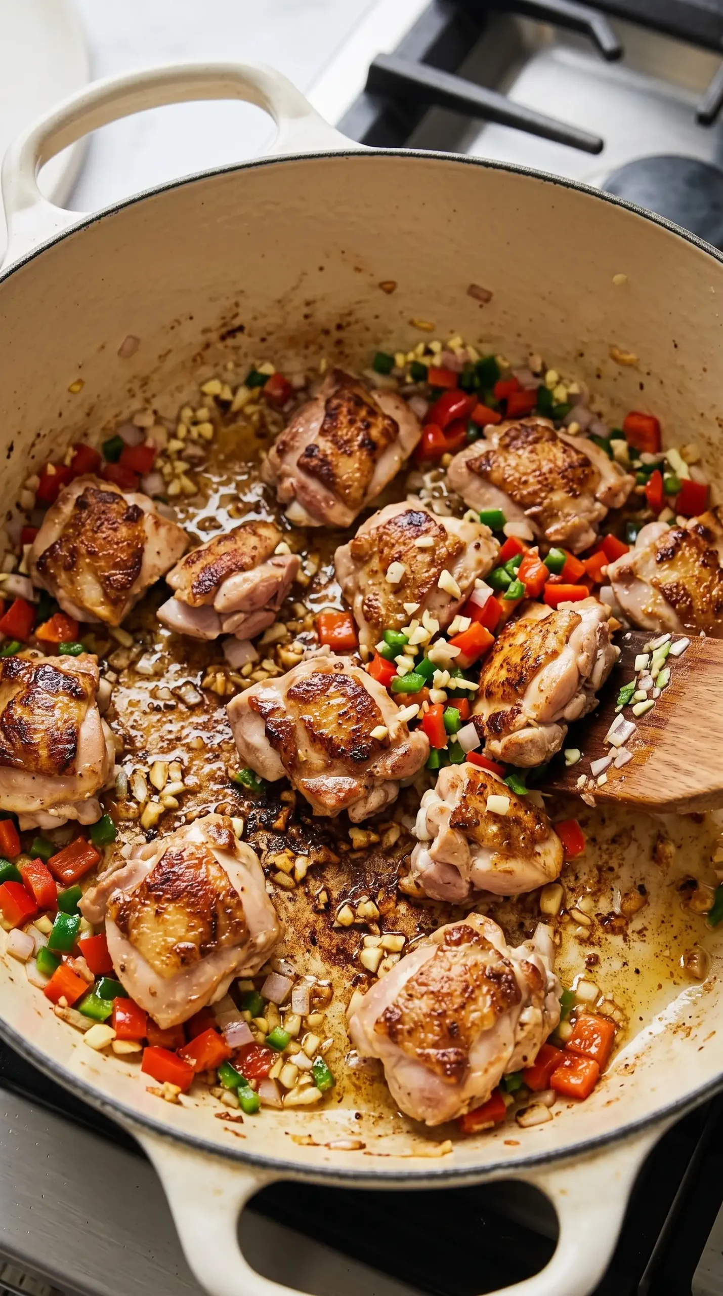 Chicken thighs browning with peppers and aromatics in a Dutch oven for arroz con pollo
