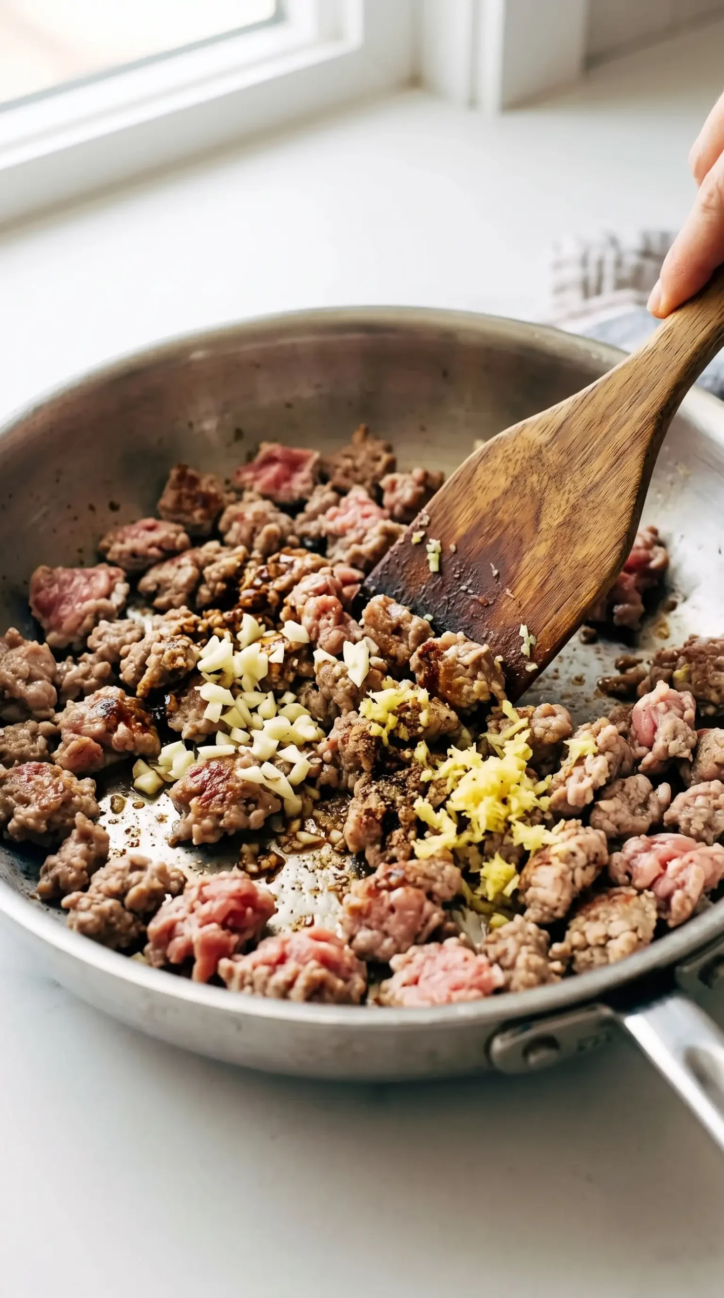 Ground pork browning with garlic, ginger, and seasonings in a skillet