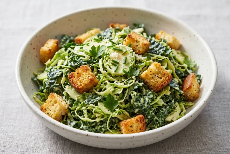 Brussels and kale Caesar salad with avocado garlic dressing and crunchy cheezy croutons in a bowl