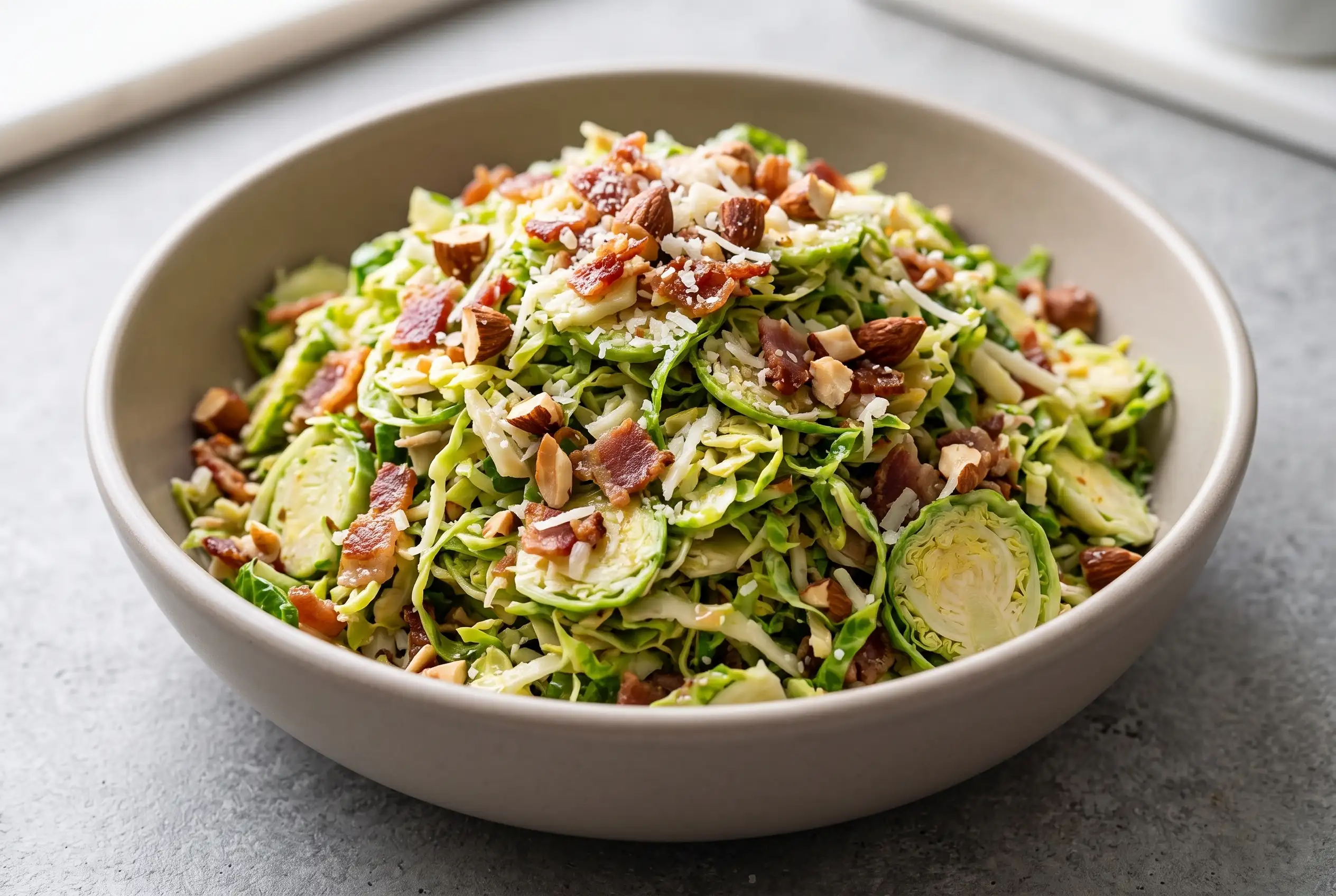 Brussels sprout salad with bacon, Pecorino-Romano, almonds, and citrus dressing in a ceramic bowl