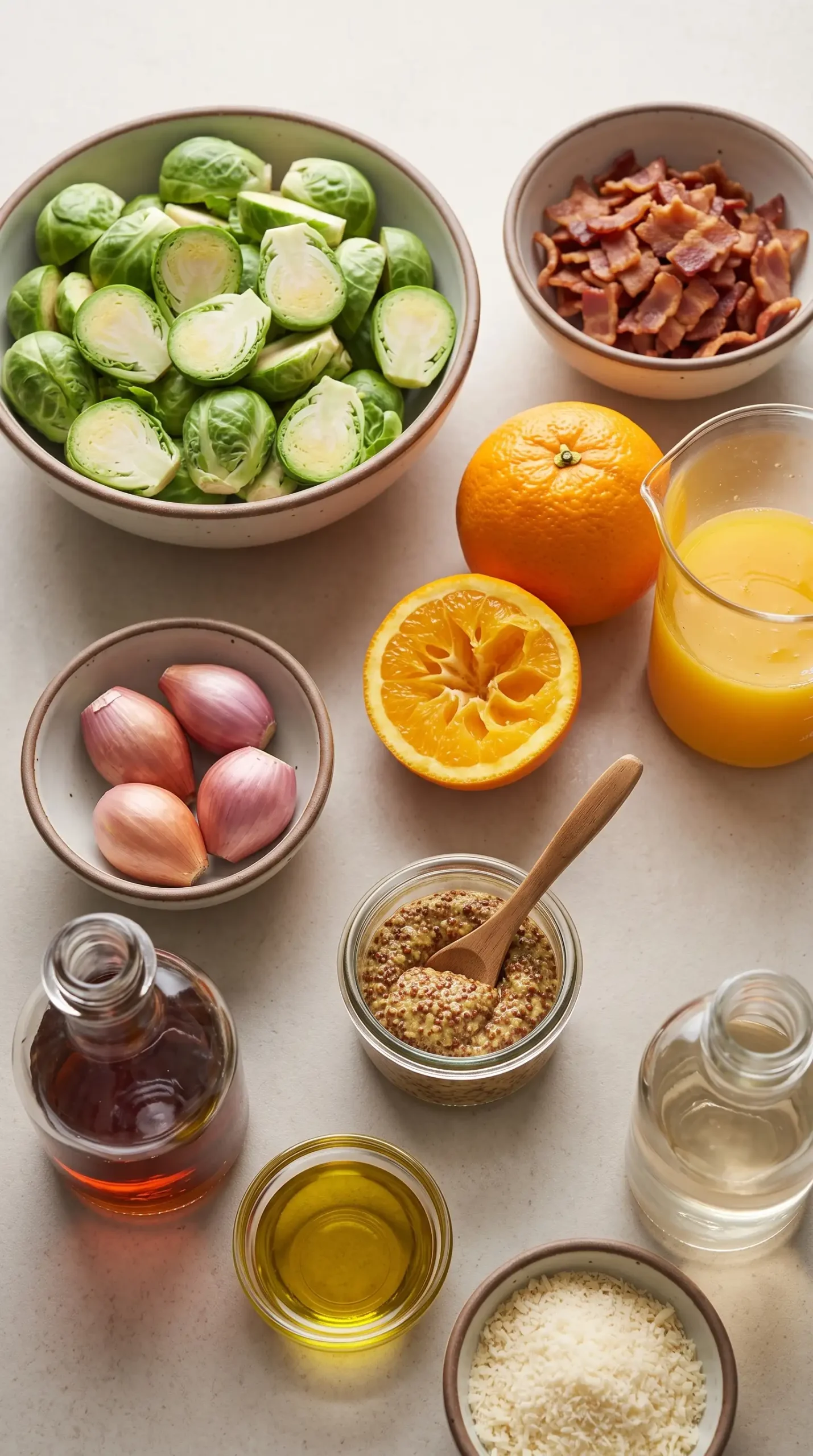 Ingredients for caramelized Brussels sprouts with bacon, orange, maple syrup, and Parmesan