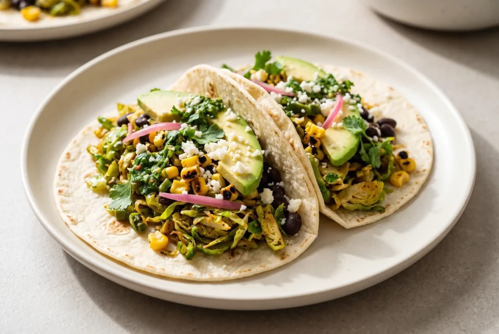 Brussels sprouts tacos with avocado, corn, cilantro sauce, black beans, and pickled onions