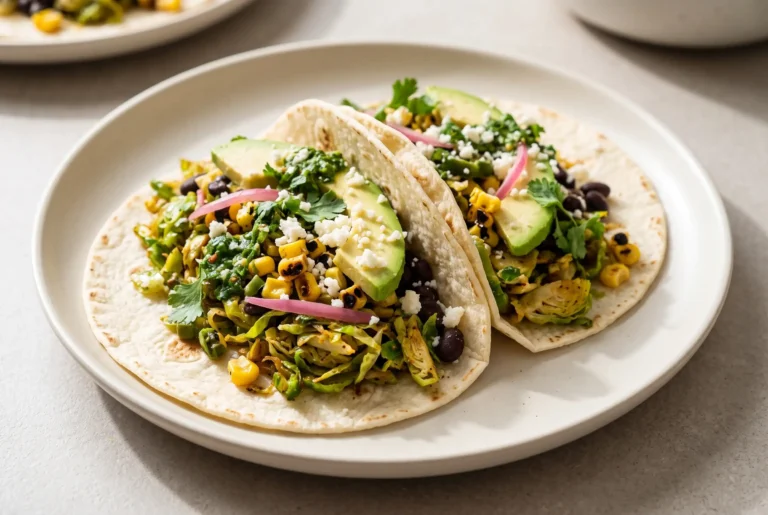Brussels sprouts tacos with avocado, corn, cilantro sauce, black beans, and pickled onions