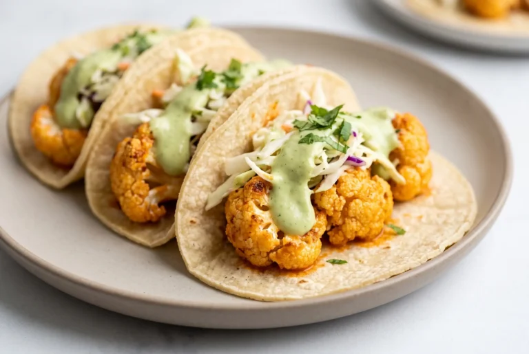 Buffalo cauliflower tacos with avocado crema, slaw, and cilantro on a plate