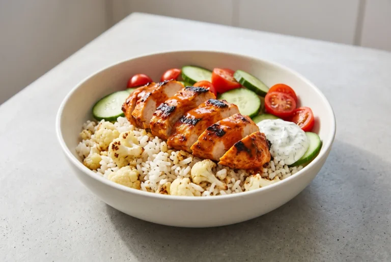 Buffalo chicken bowl with cauliflower garlic rice, vegetables, and creamy dressing