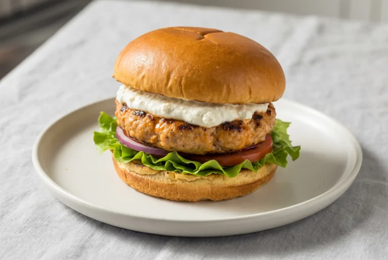 Buffalo chicken burger with whipped feta spread, lettuce, and a golden-brown chicken patty