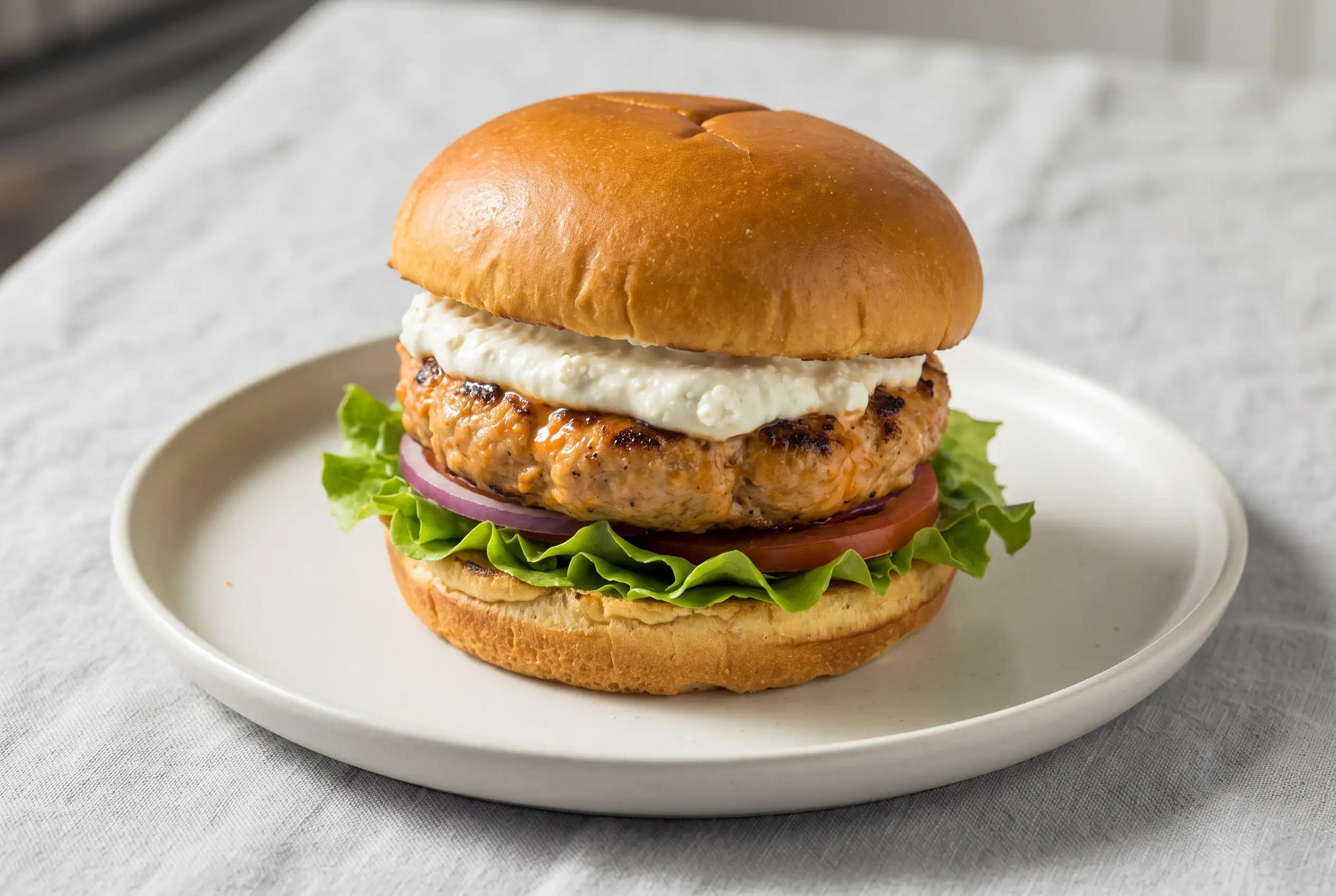 Buffalo chicken burger with whipped feta spread, lettuce, and a golden-brown chicken patty