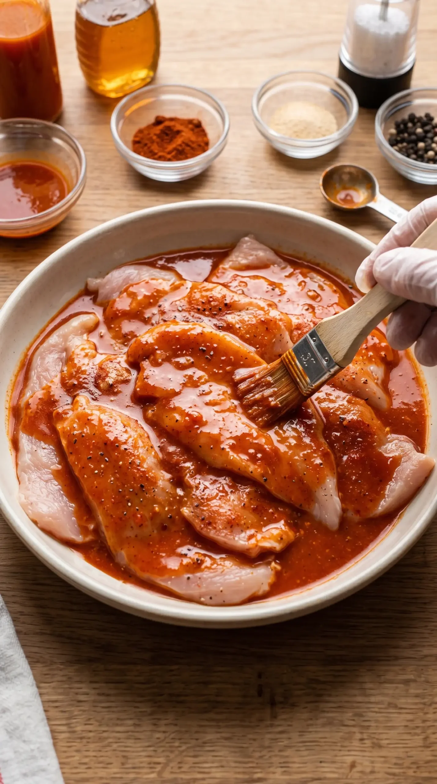 Thin chicken breast coated in buffalo marinade before cooking