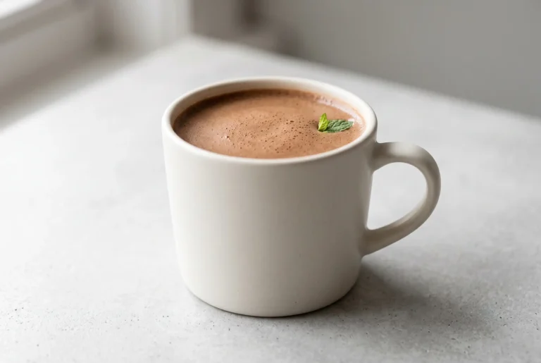 Bulletproof peppermint mocha in a ceramic mug with creamy chocolate coffee texture