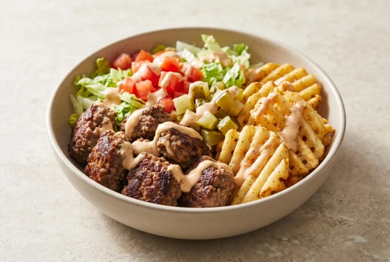 Burger bowls with ground beef, ranch fries, lettuce, tomatoes, pickles, and house sauce