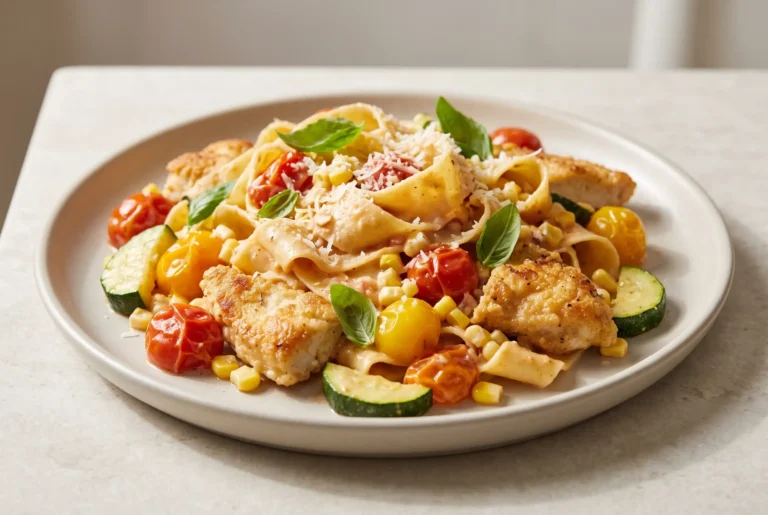 Burst tomato pappardelle with zucchini, corn, and golden chicken in a creamy tomato sauce
