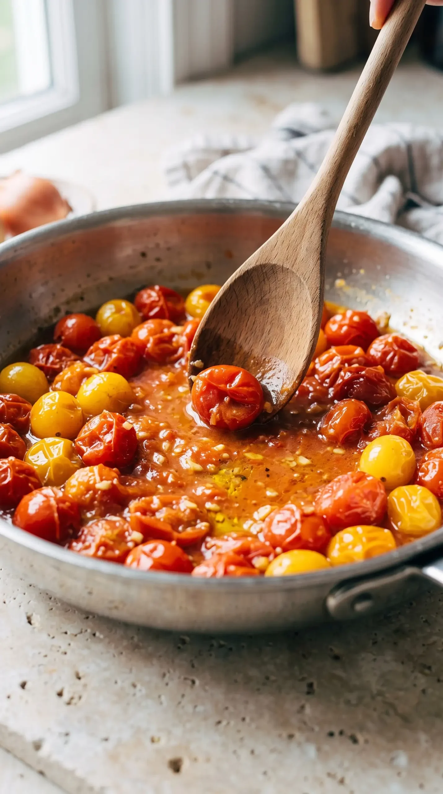 Cherry tomatoes softened in a skillet to create the burst tomato pasta sauce