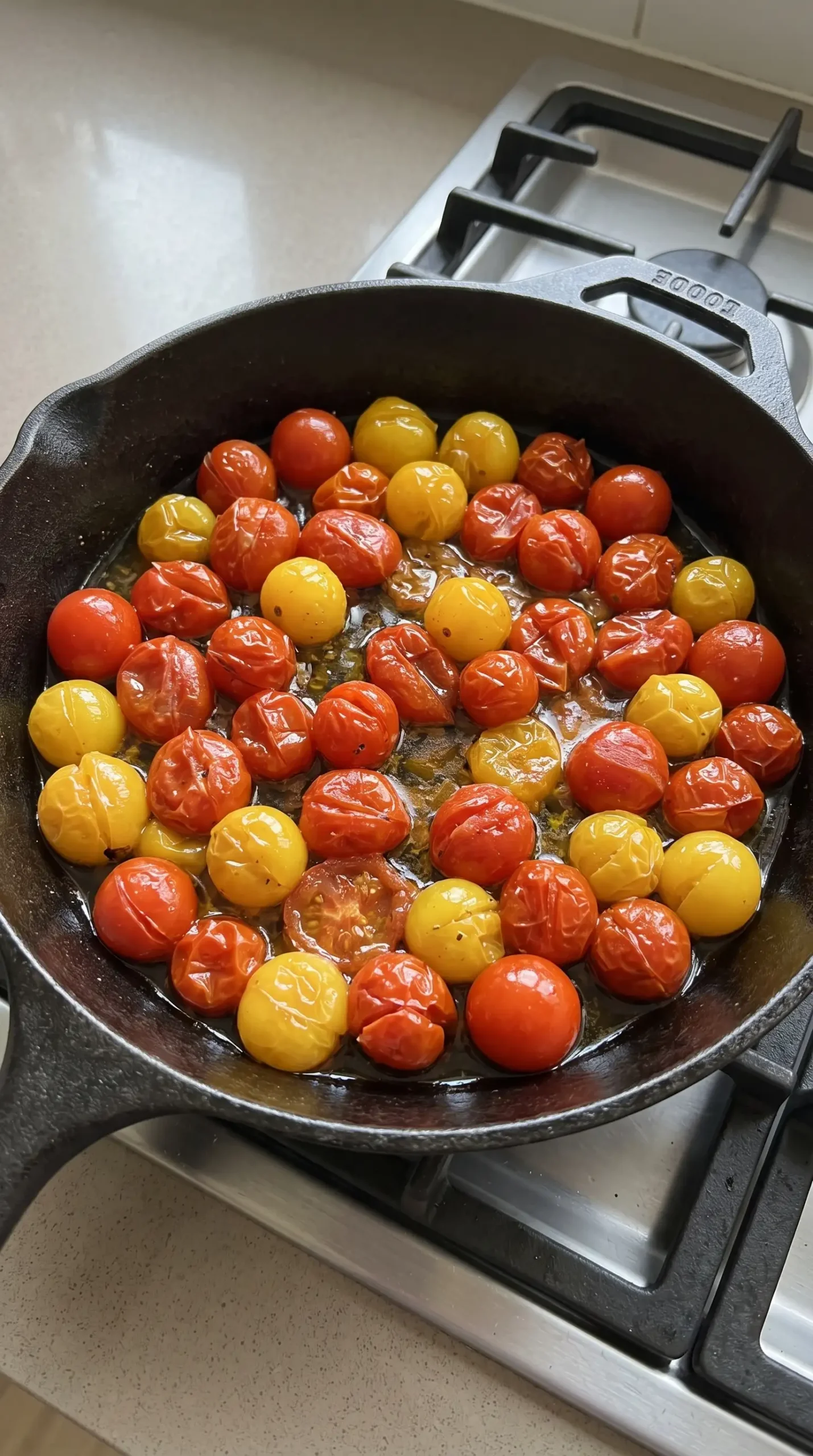 Skillet of burst cherry tomatoes with softened skins and concentrated juices for zucchini spaghetti