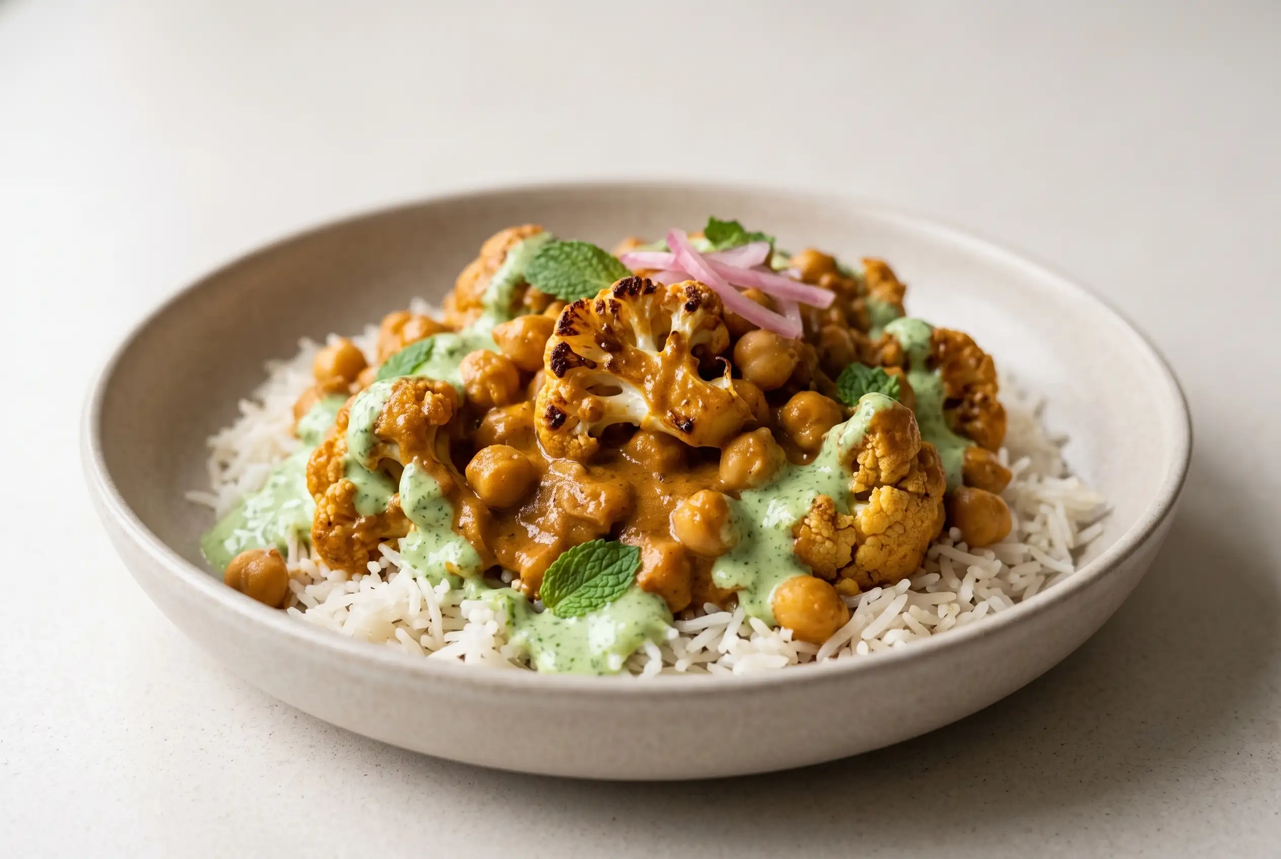 Butter cauliflower with chickpeas, rice, creamy curry sauce, and mint cilantro topping