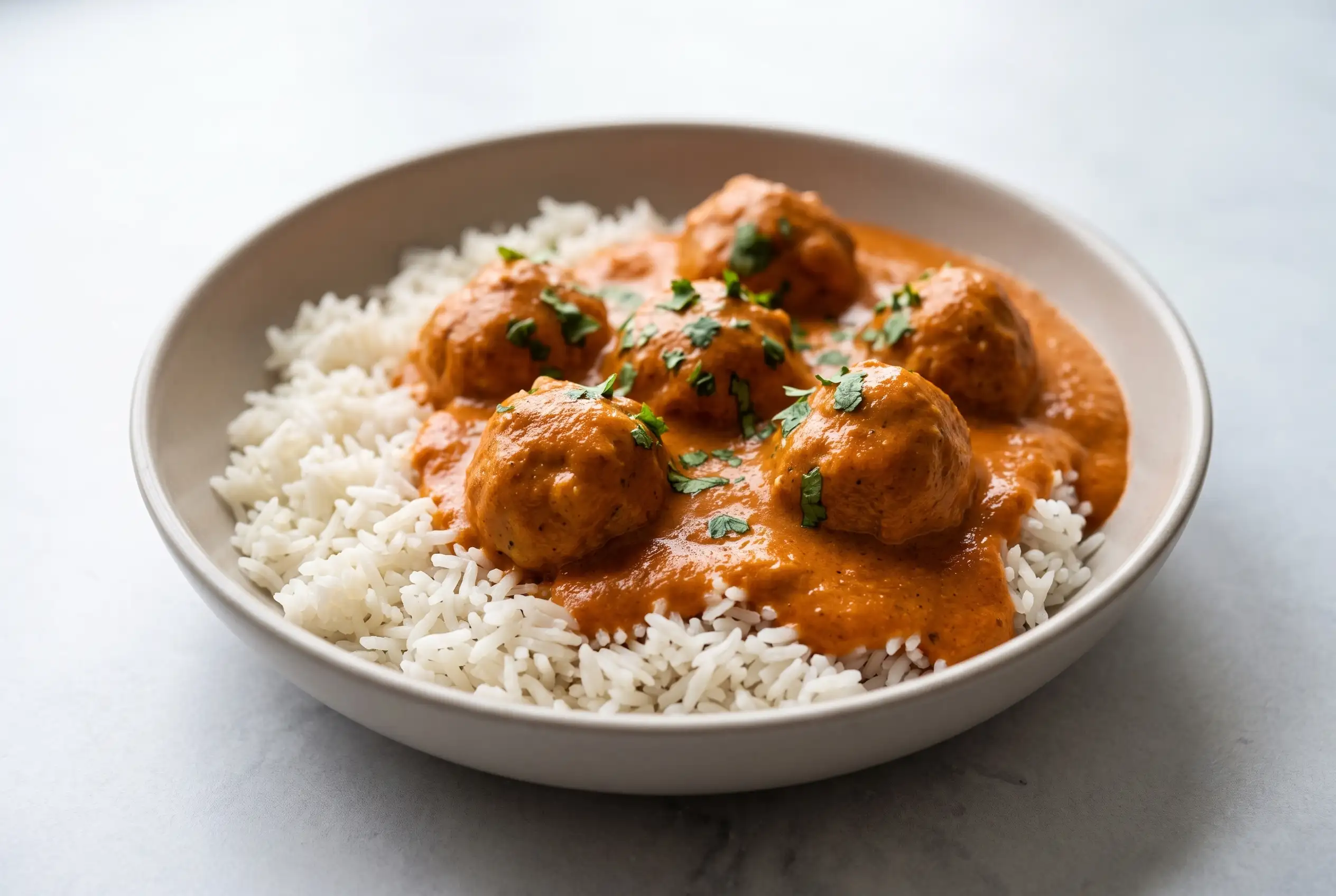 Butter chicken meatballs in creamy tomato sauce served over basmati rice with cilantro
