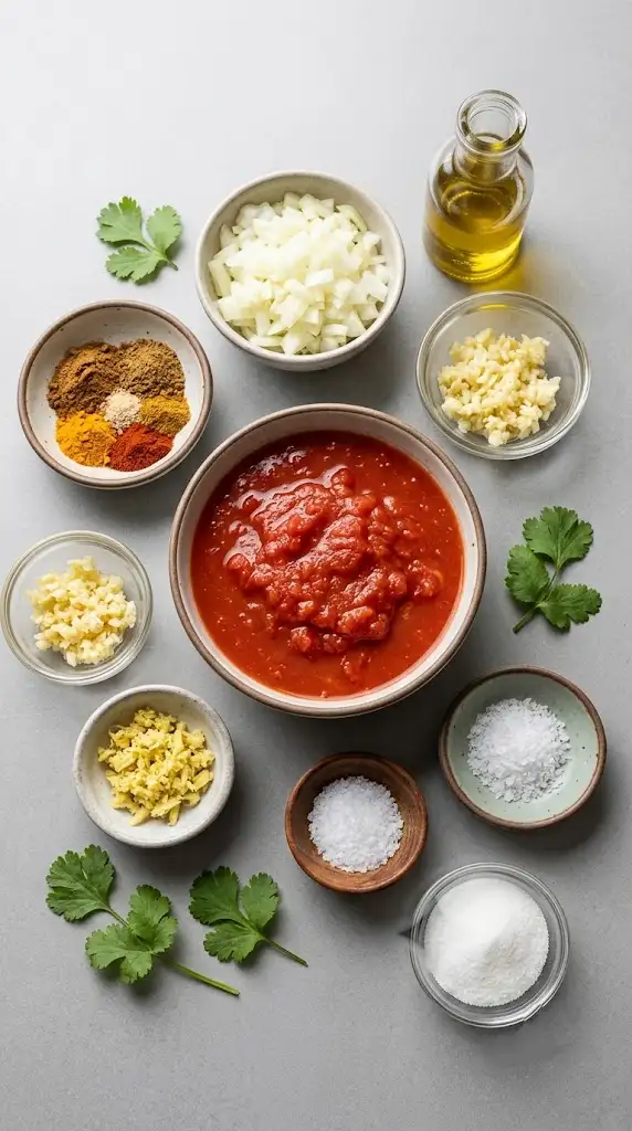 Ingredients for butter chicken meatballs sauce with tomatoes, spices, garlic, ginger, and cilantro