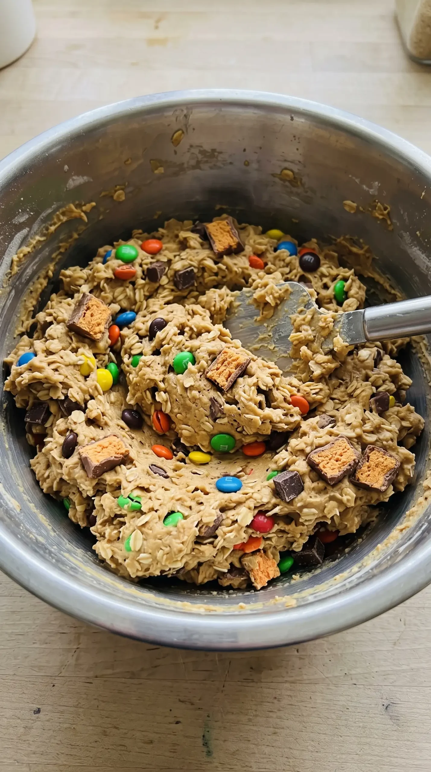 Peanut butter oatmeal cookie dough mixed with oats, Butterfinger pieces, M&M's, and chocolate