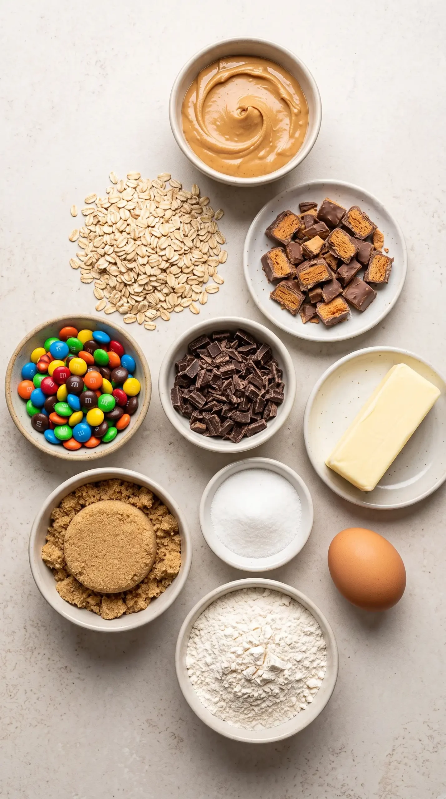 Ingredients for Butterfinger Monster Cookies including peanut butter, oats, candy pieces, and chocolate