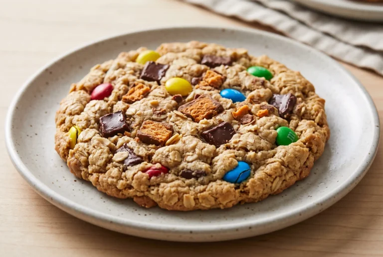 Butterfinger Monster Cookie with peanut butter, oats, chocolate chunks, and colorful candy pieces