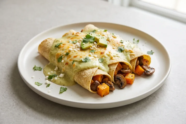 Butternut squash enchiladas with mushroom filling, tomatillo sauce, melted cheese, and fresh toppings