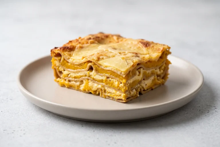 Slice of butternut squash lasagna with ricotta and Parmesan cheese layers on a plate