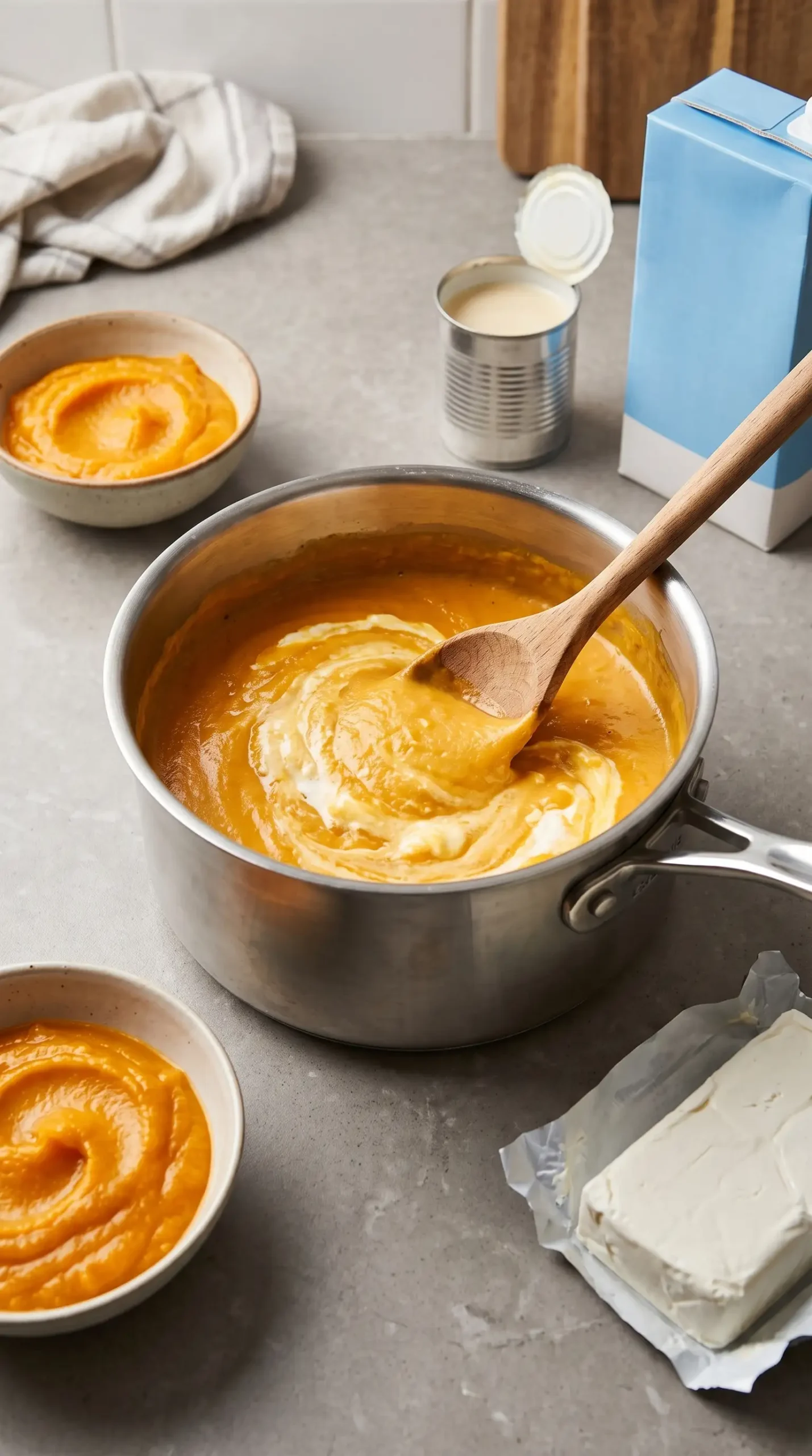 Butternut squash puree sauce with evaporated milk and cream cheese in a saucepan