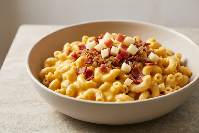 Butternut squash mac and cheese with bacon, apples, and creamy cheddar sauce in a bowl