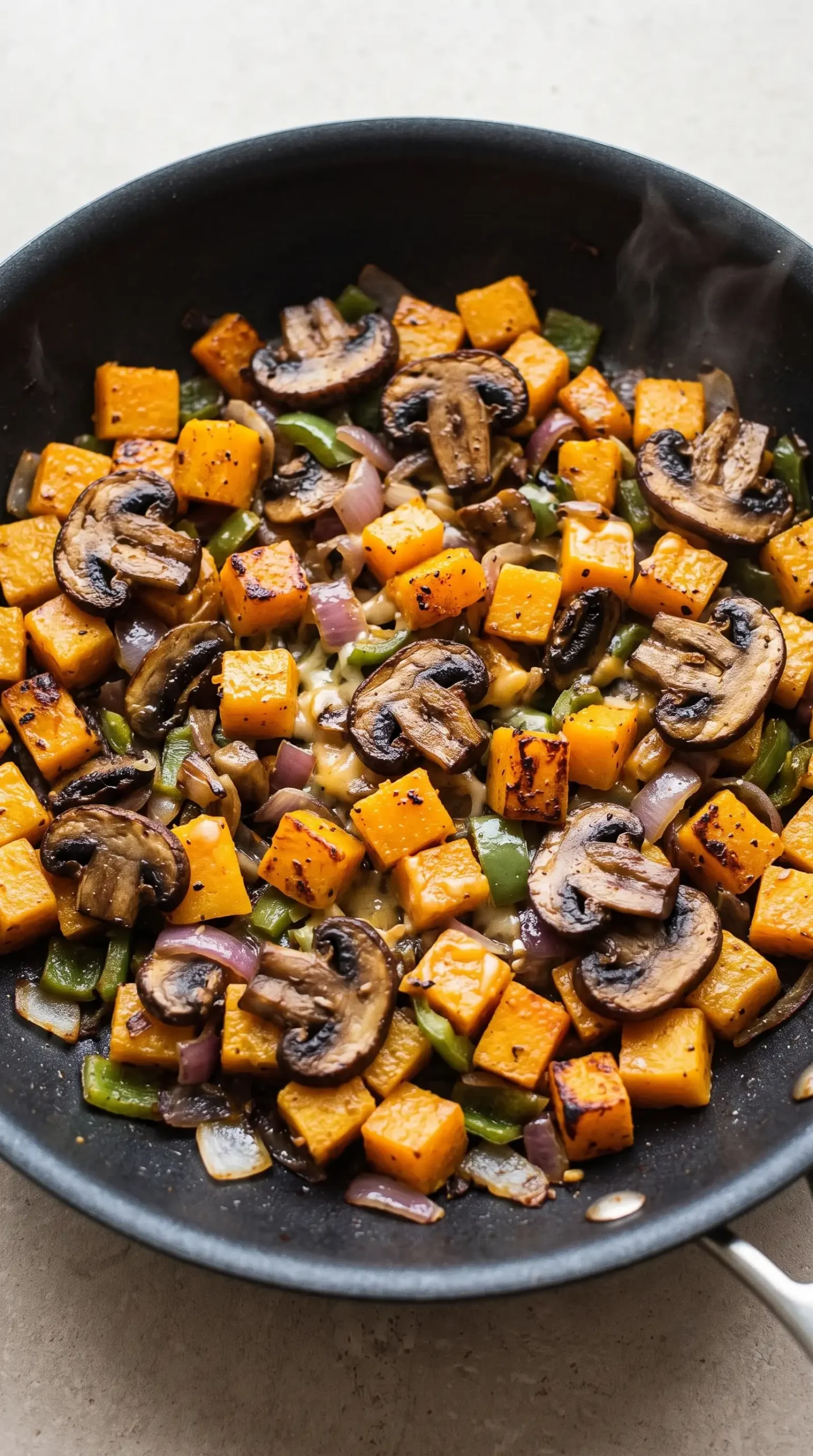 Skillet filling with roasted butternut squash cubes and browned mushrooms