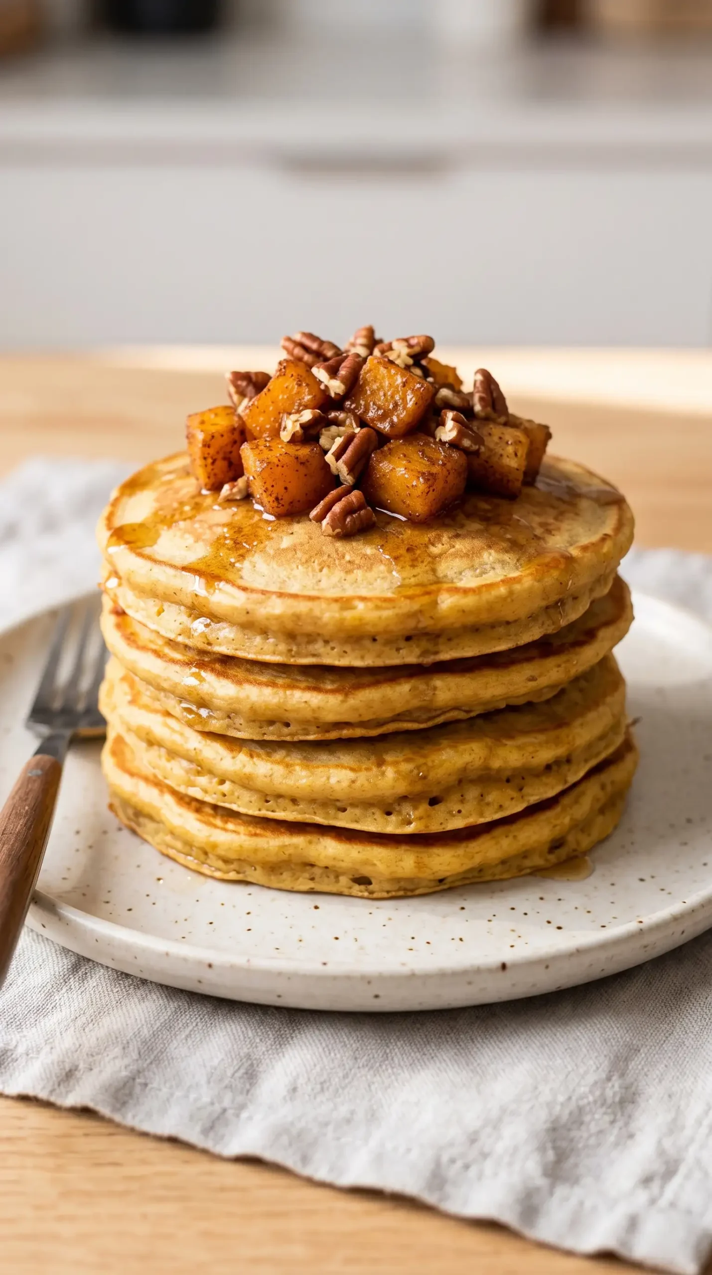 Stack of butternut squash pancakes with pecans, cinnamon squash, and maple syrup