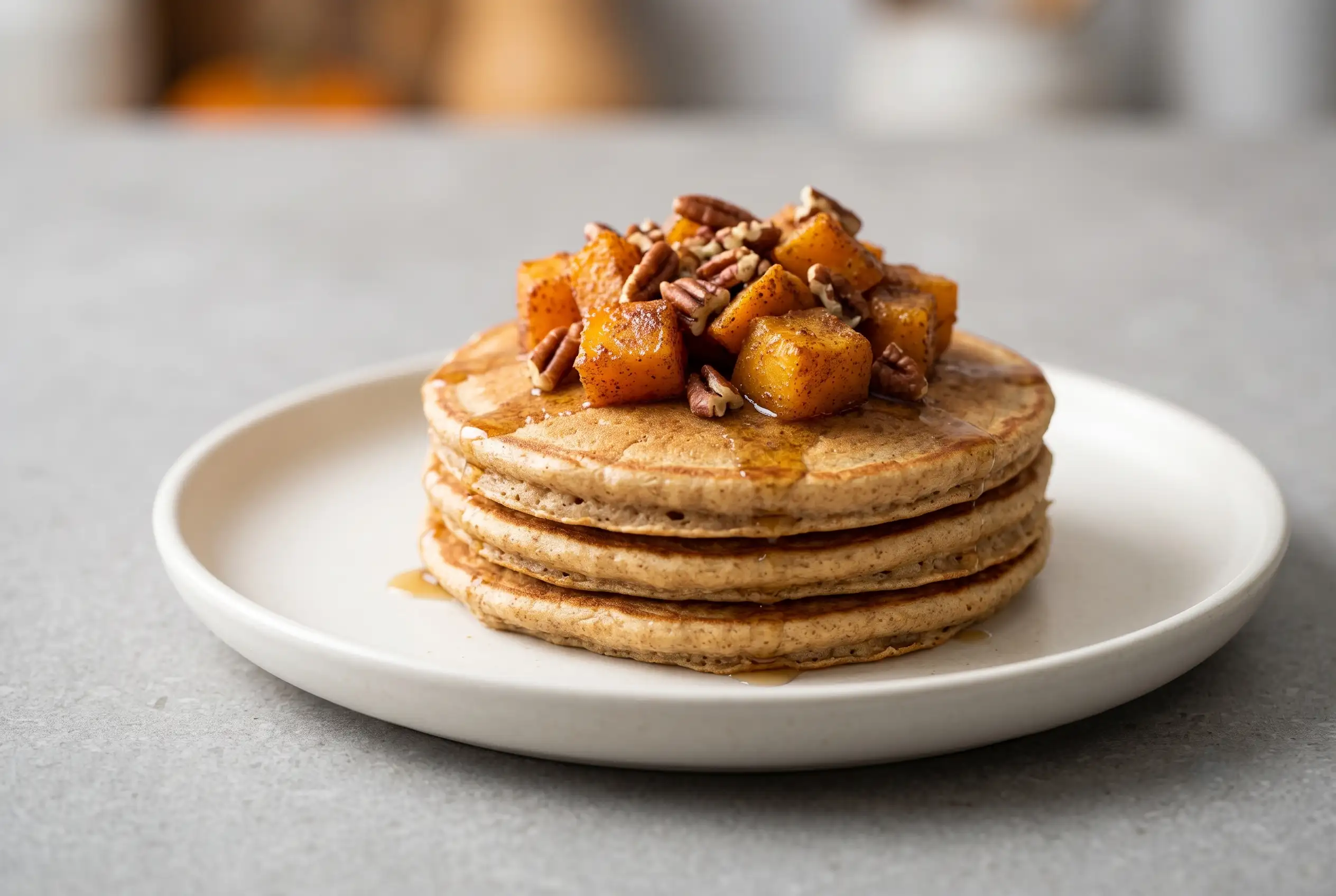 Butternut squash pancakes topped with cinnamon squash pieces, pecans, and maple syrup on a plate