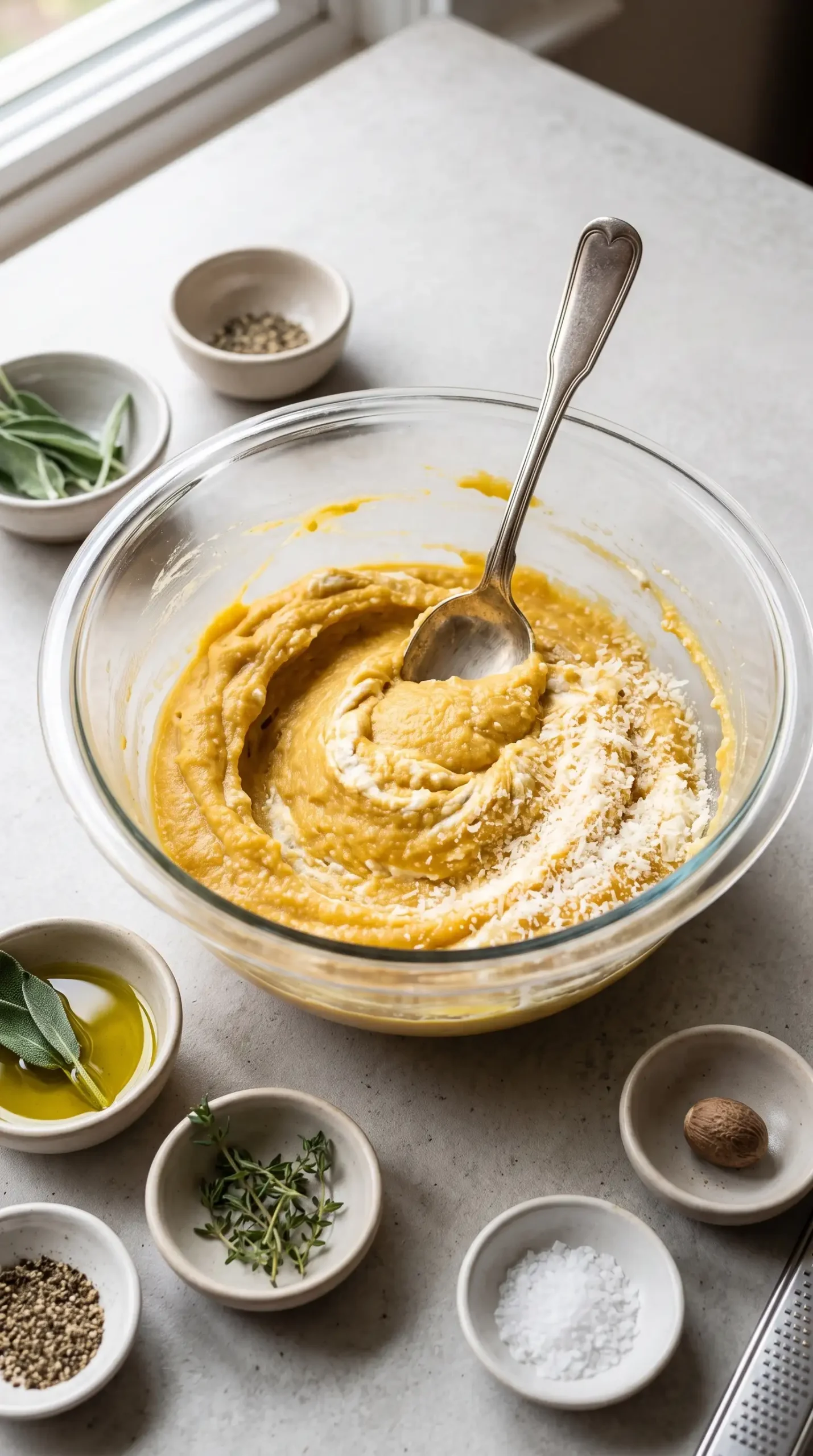 Bowl of butternut squash filling with ricotta and Parmesan for ravioli