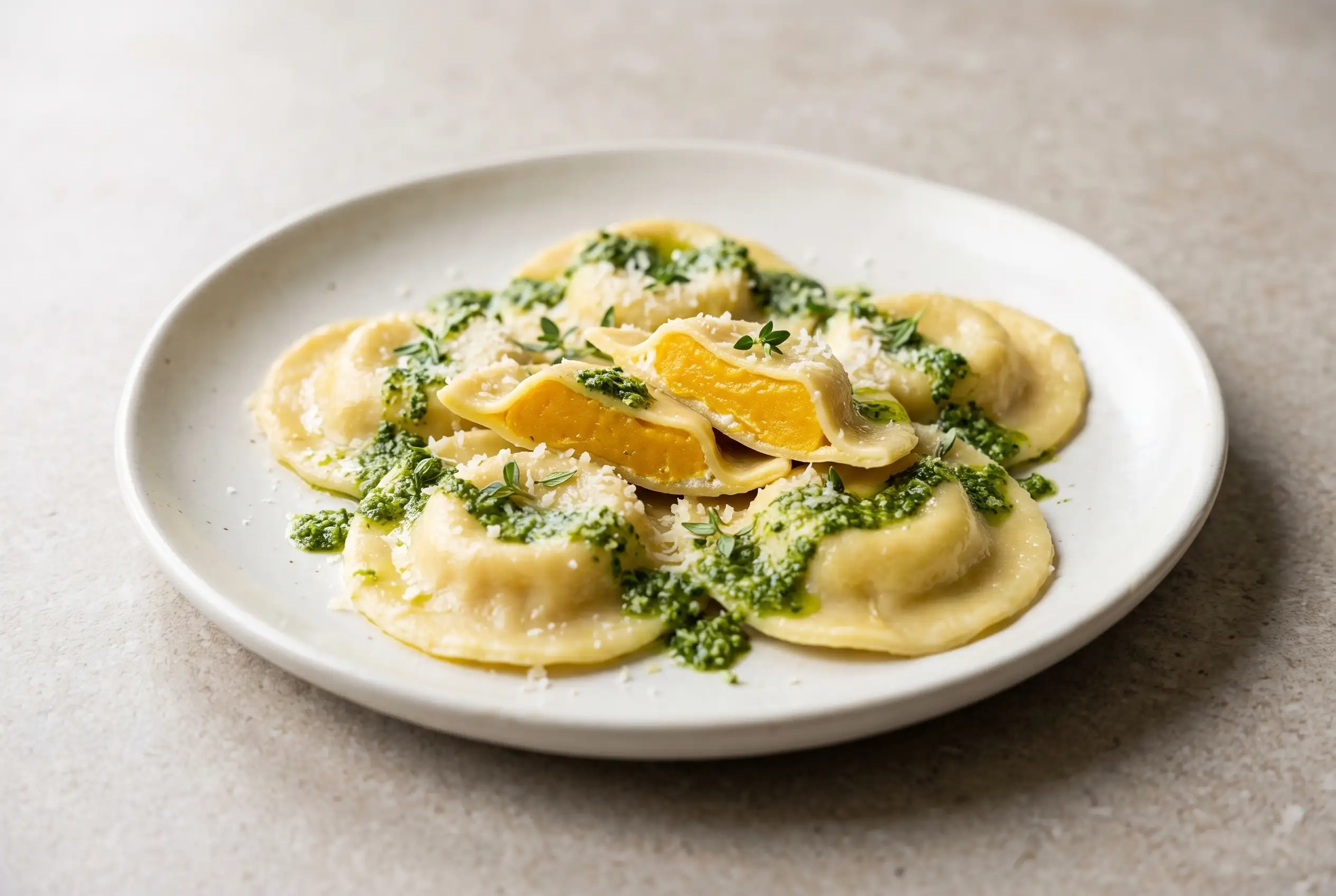 Butternut squash ravioli with ricotta and kale pesto on a ceramic plate