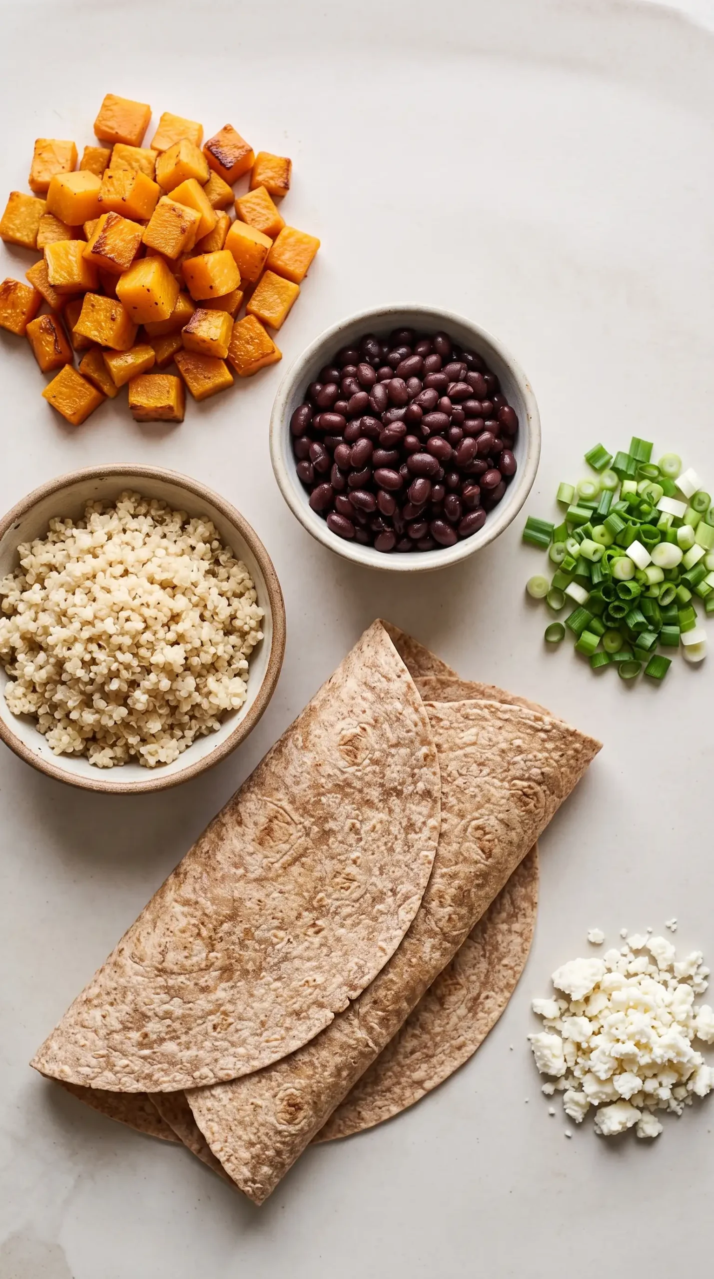 Ingredients for a butternut squash wrap with squash, quinoa, black beans, scallions, and cheese