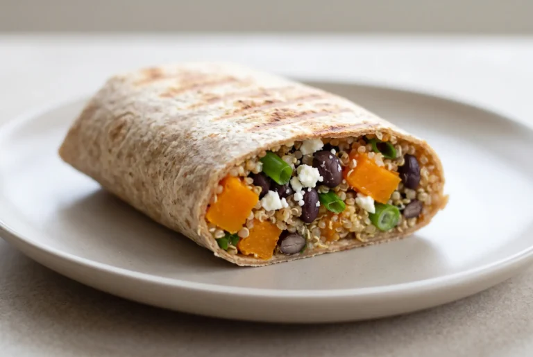 Butternut squash wrap with quinoa, black beans, scallions, and cheese on a plate