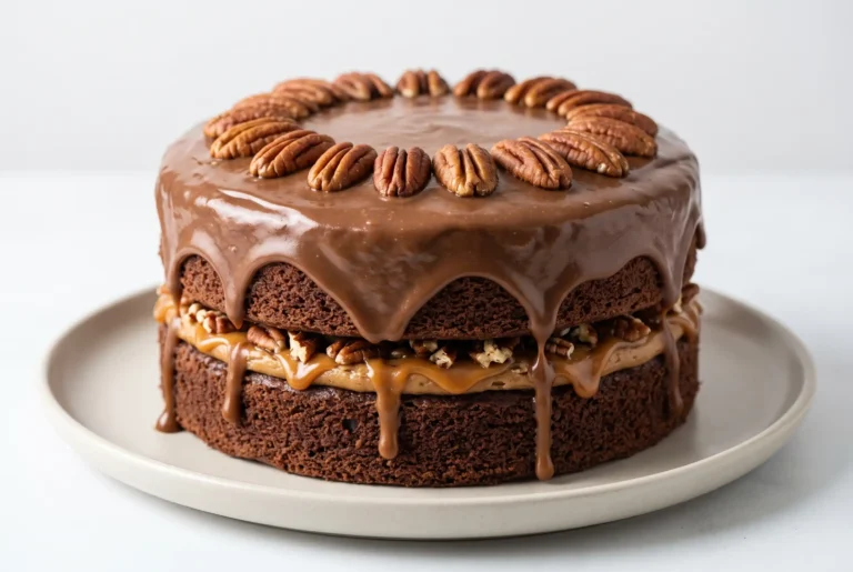 Cafe latte turtle cake with chocolate frosting, caramel drizzle, and pecans on a plate