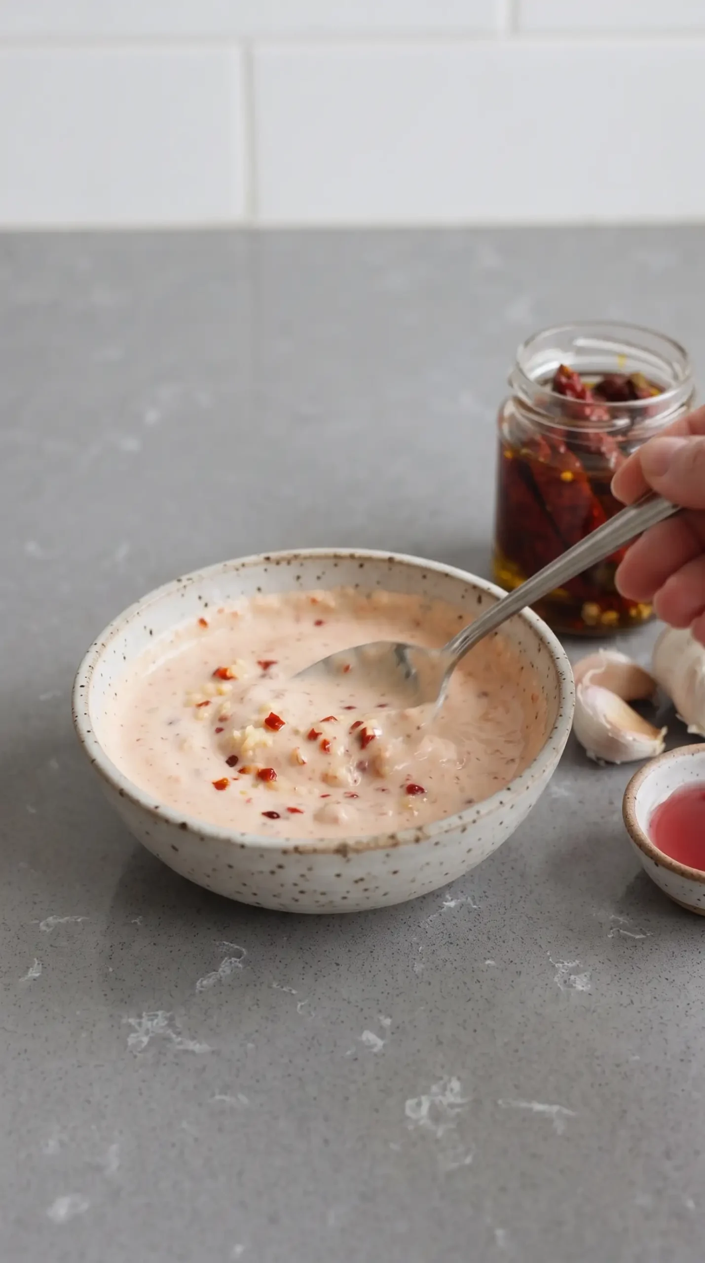 Creamy Calabrian chili sauce with peppers and garlic being mixed in a bowl