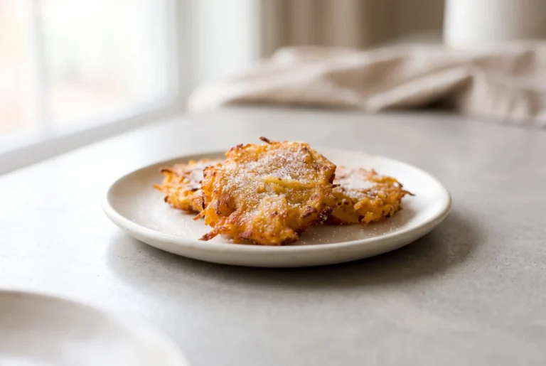 Golden camote tops sweet potato fritters served with a light sugar dusting on a ceramic plate