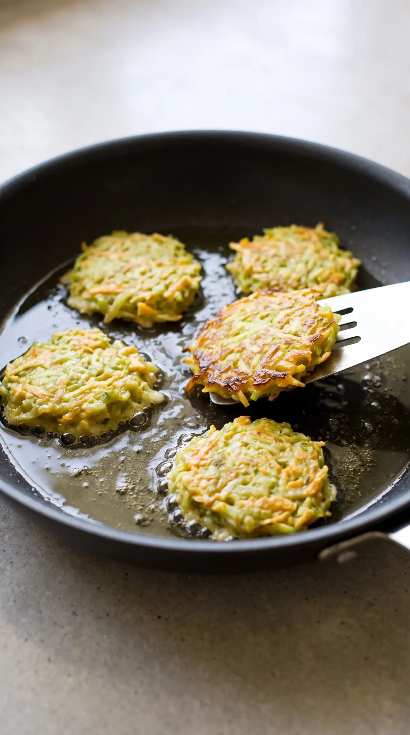 Camote tops cooking in a shallow pan as the sweet potato fritters turn golden